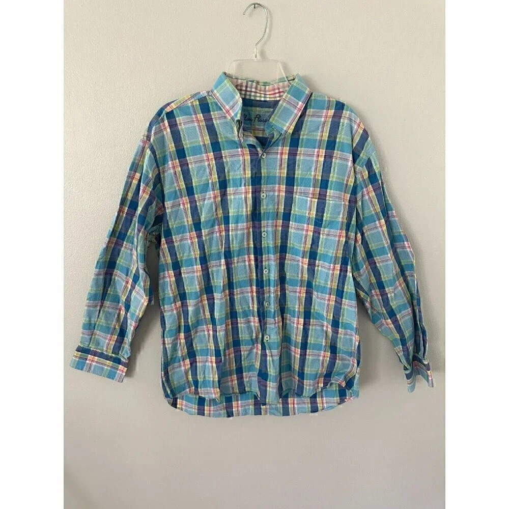 Alan Flusser Long Sleeve Oxford Pastel Plaid Hidden Button Collar Large